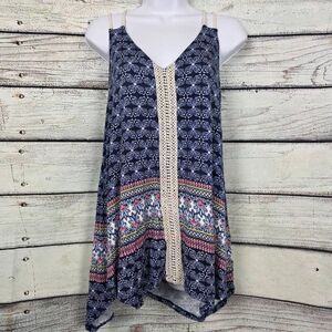 Maurices Navy Boho Print Crochet Trim Tank Top Size XL